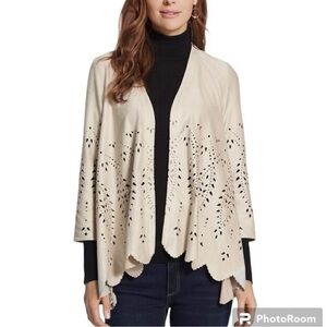 Chico’s Jacket Faux Suede Laser Cutout Open Front Beige S NWT Scalloped Hem